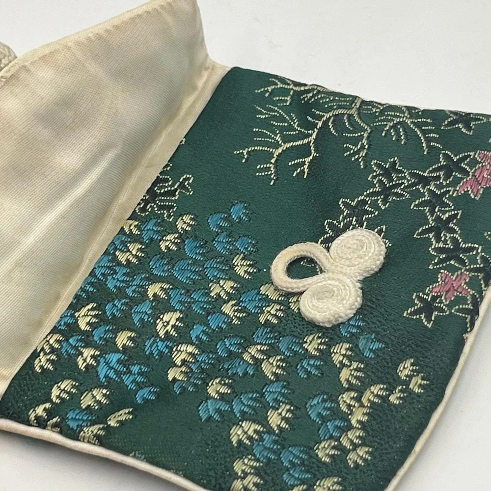 Vintage Green Silk Brocade Jewelry Pouch Asian Floral Landscape Frog Closure Bag